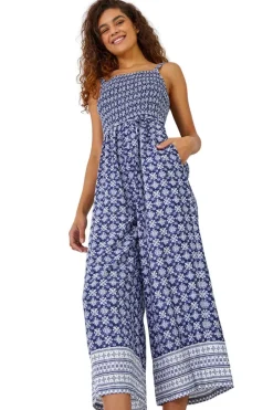 Jumpsuits & Playsuits>Roman Blue Border Print Culotte Jumpsuit