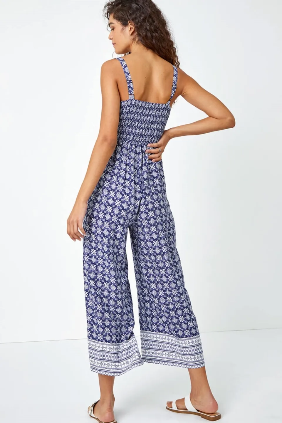 Jumpsuits & Playsuits>Roman Blue Border Print Culotte Jumpsuit