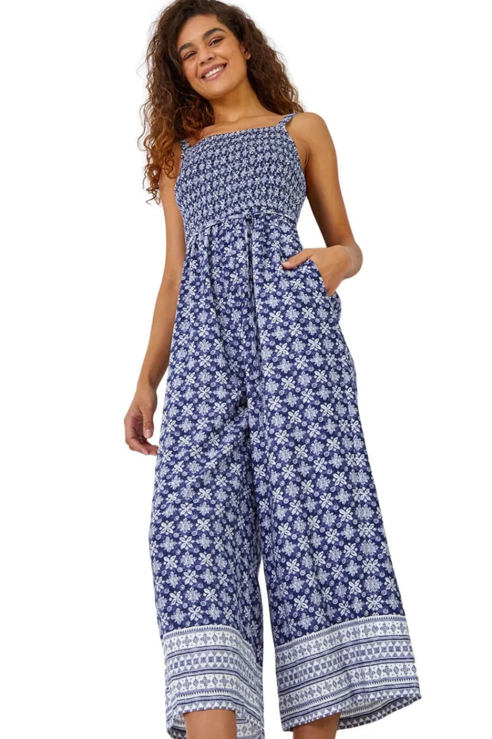 Jumpsuits & Playsuits>Roman Blue Border Print Culotte Jumpsuit