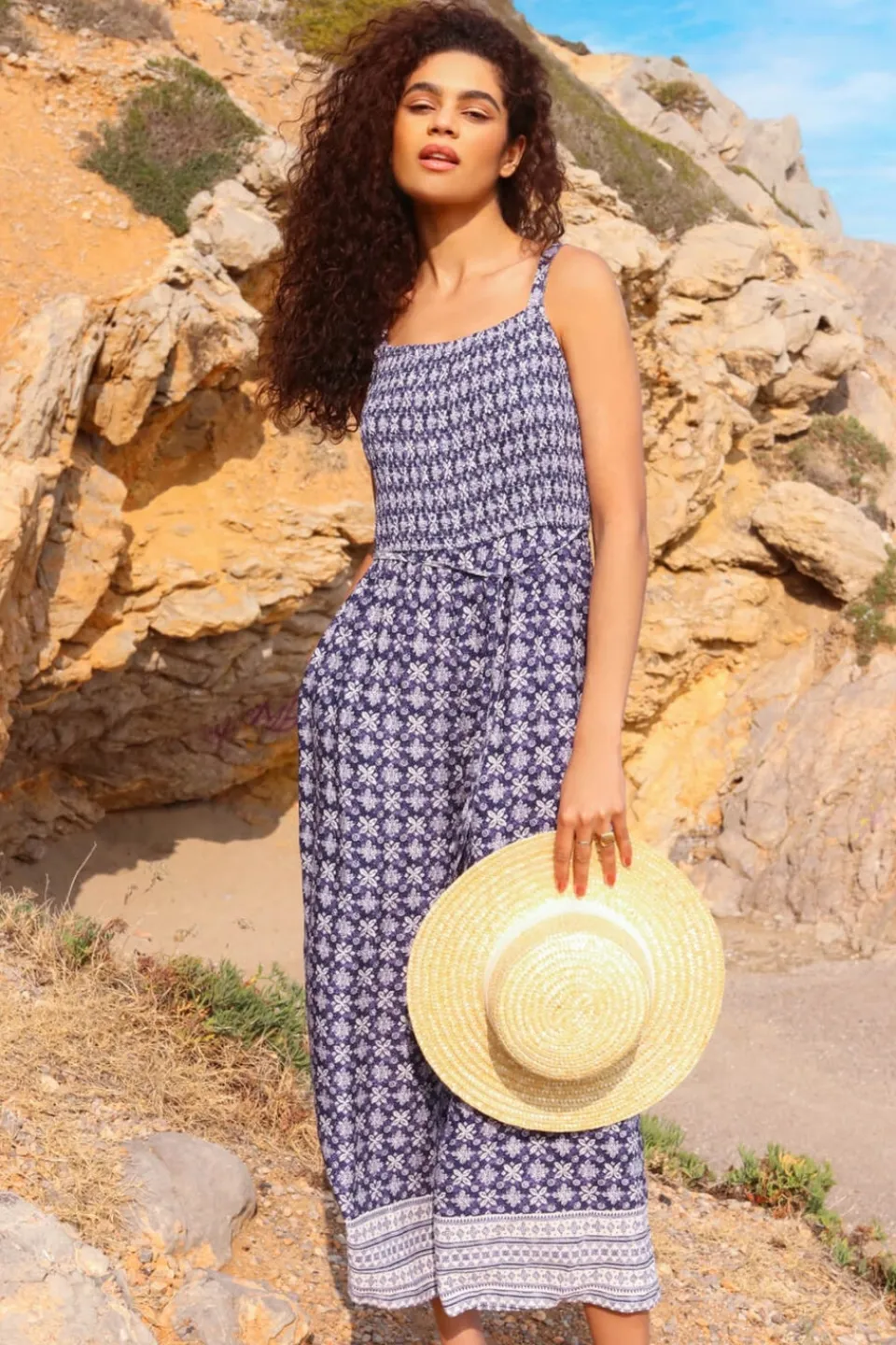 Jumpsuits & Playsuits>Roman Blue Border Print Culotte Jumpsuit