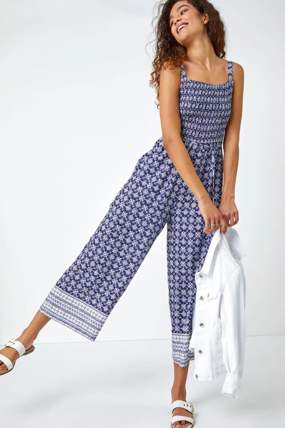Jumpsuits & Playsuits>Roman Blue Border Print Culotte Jumpsuit