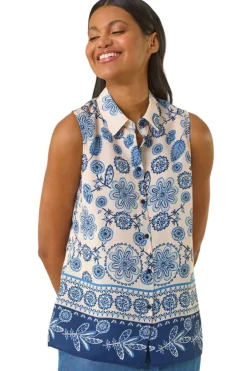 Tops>Roman Blue Border Print Collared Blouse