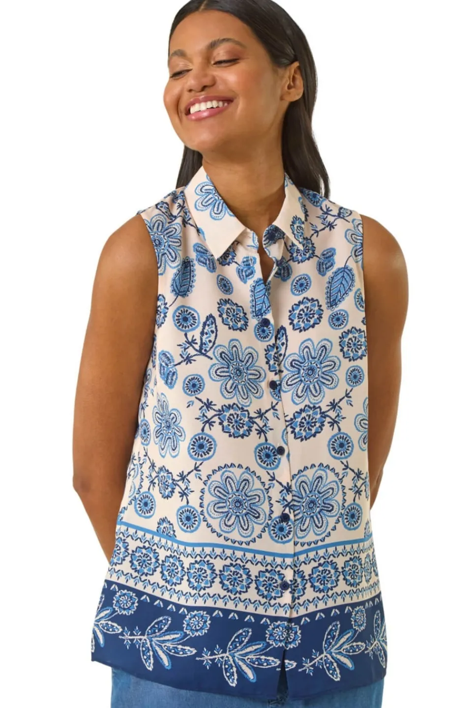 Tops>Roman Blue Border Print Collared Blouse