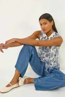 Tops>Roman Blue Border Print Collared Blouse