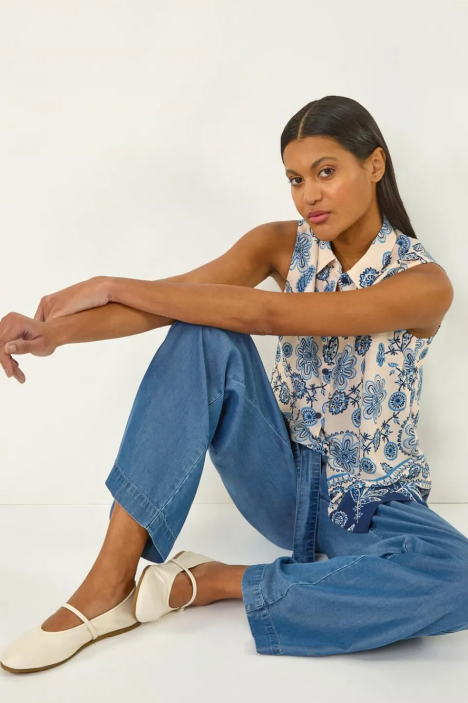 Tops>Roman Blue Border Print Collared Blouse