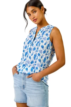 T-Shirts>Roman Blue Burnout Animal Spot Print V-Neck Top