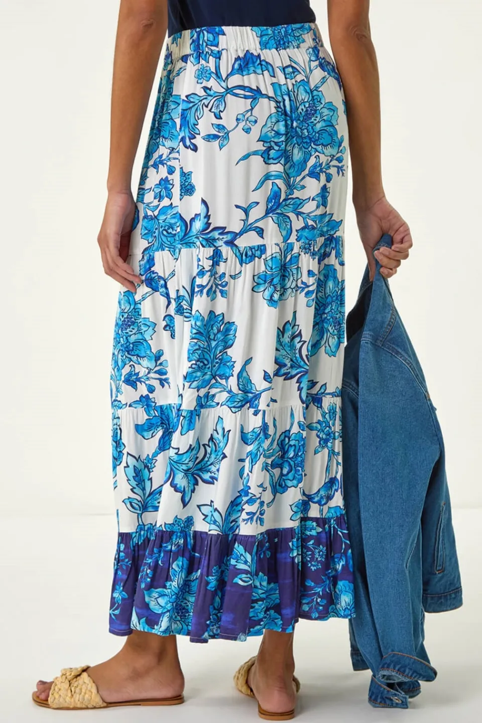 Skirts>Roman Blue Contrast Floral Tiered Skirt