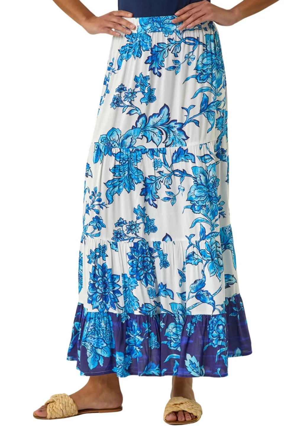 Skirts>Roman Blue Contrast Floral Tiered Skirt