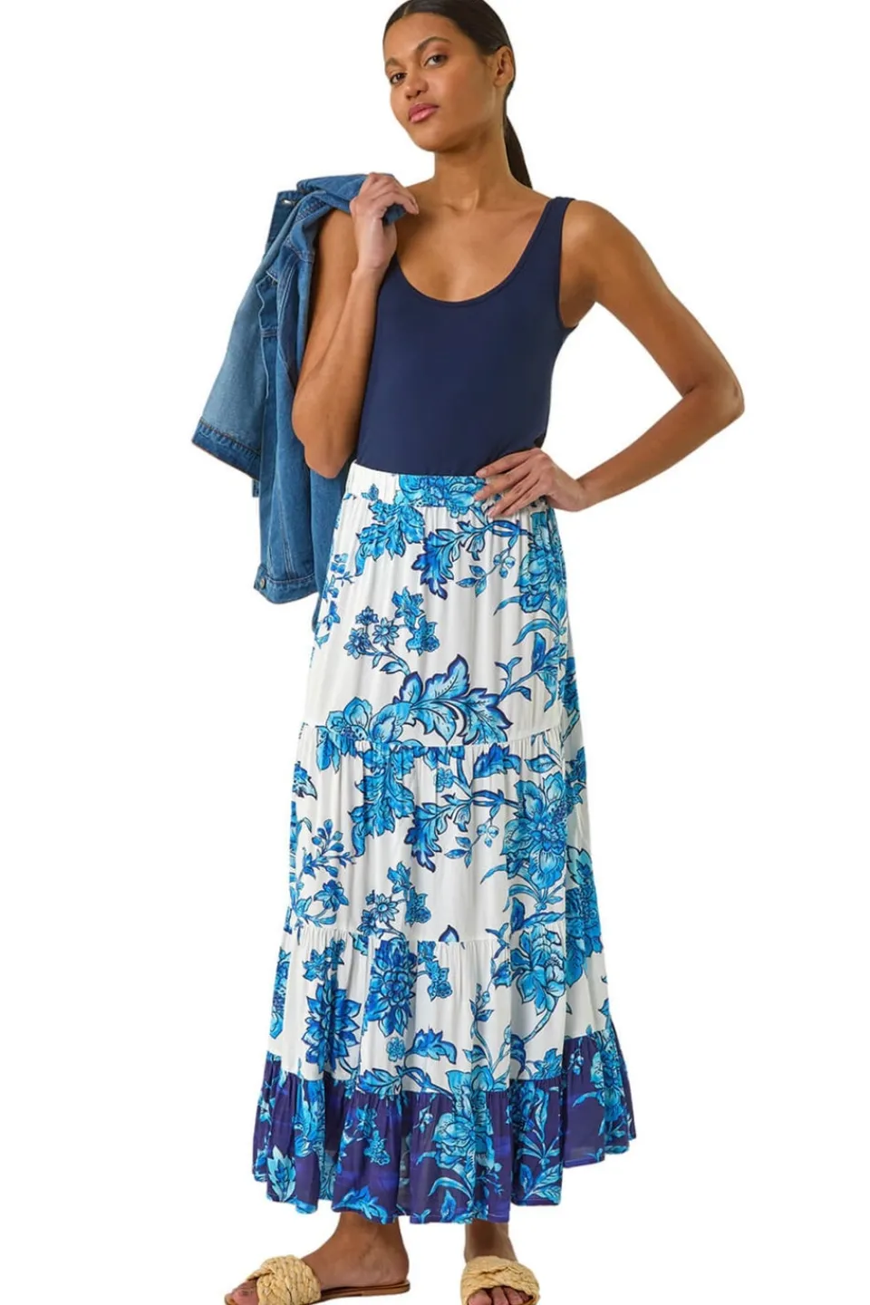 Skirts>Roman Blue Contrast Floral Tiered Skirt