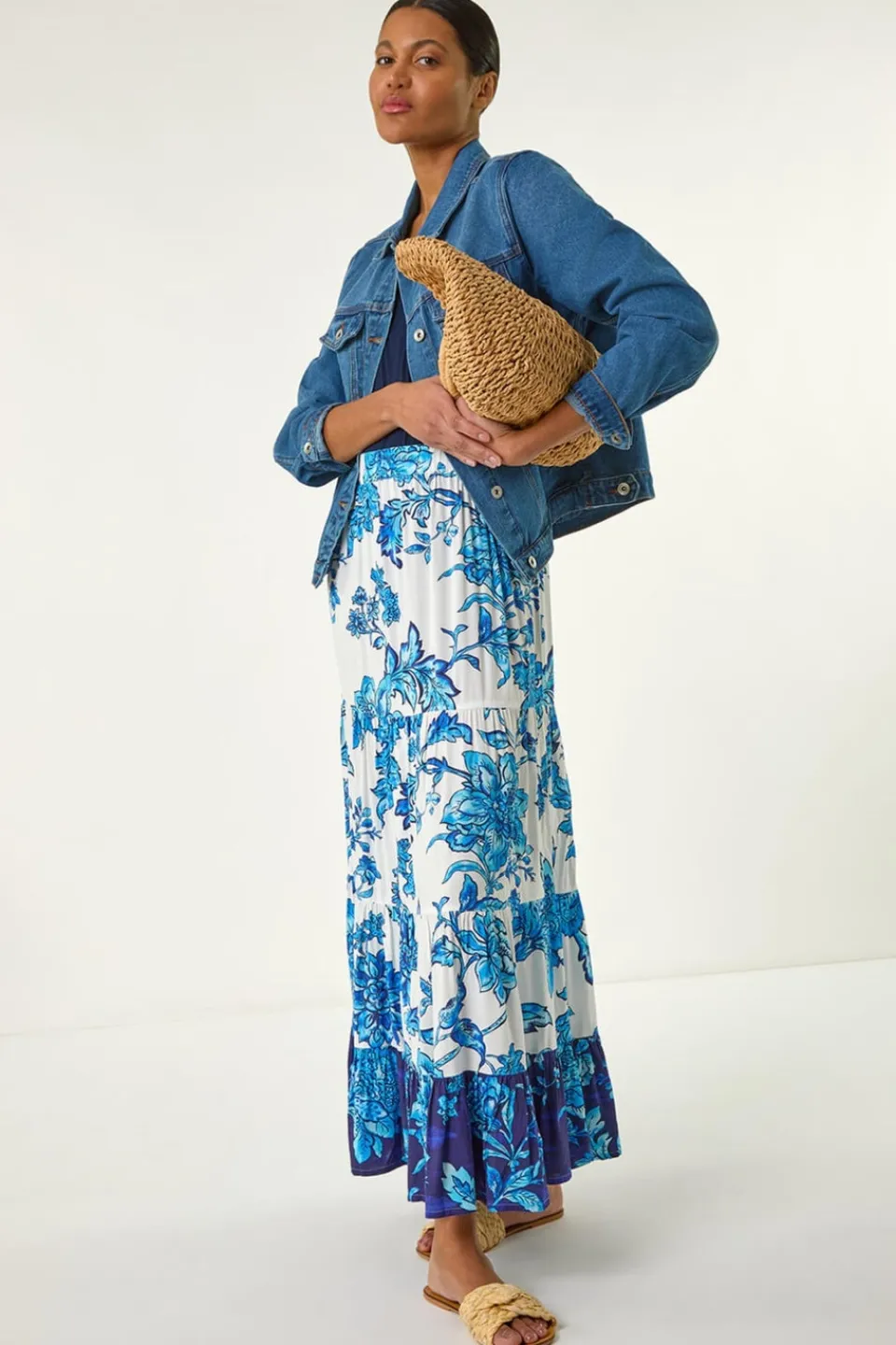 Skirts>Roman Blue Contrast Floral Tiered Skirt