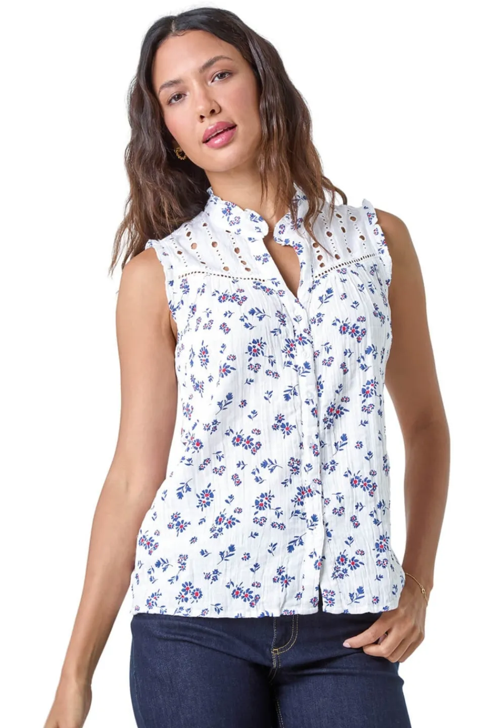 Blouses & Shirts>Roman Blue Cotton Embroidered V-Neck Floral Blouse