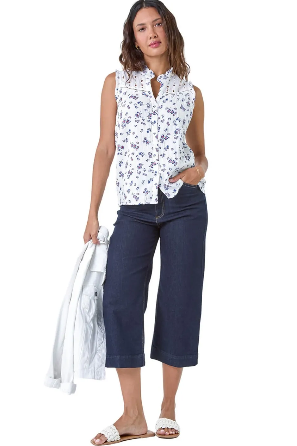 Blouses & Shirts>Roman Blue Cotton Embroidered V-Neck Floral Blouse