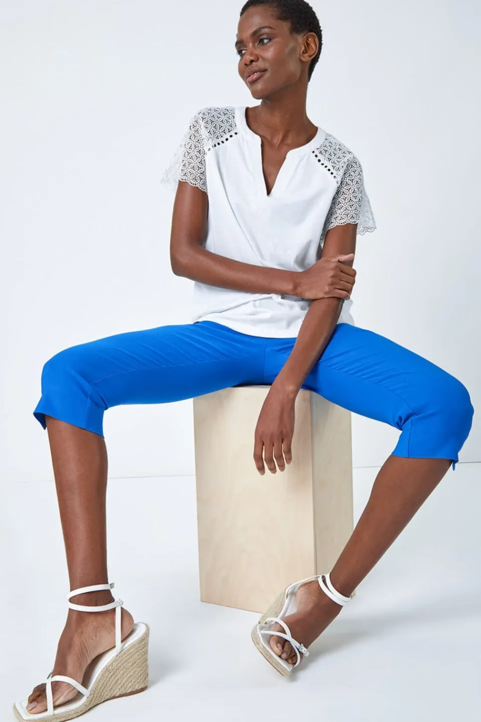 Trousers>Roman Cropped Stretch Trouser Capri Summer Leggings 3/4 Pedal Pushers Blue
