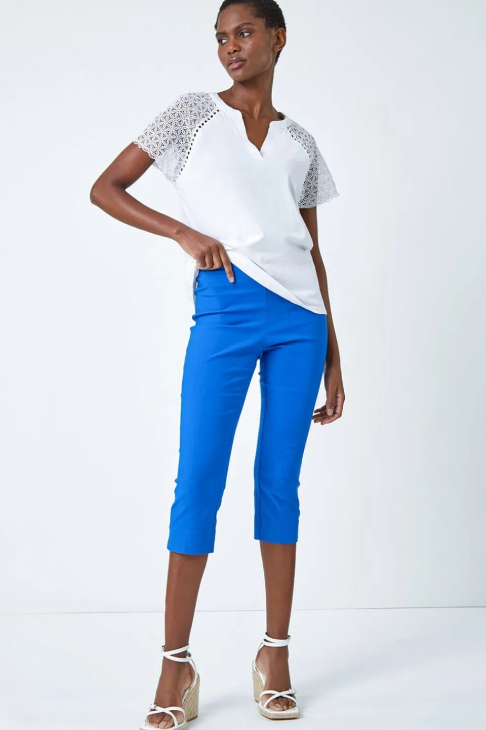 Trousers>Roman Cropped Stretch Trouser Capri Summer Leggings 3/4 Pedal Pushers Blue