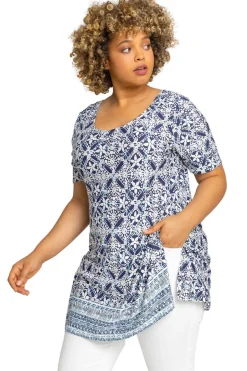 Tops>Roman Curve Geo Stretch Jersey Top Blue