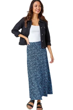 Skirts>Roman Blue Ditsy Floral Elastic Waist A Line Midi Skirt