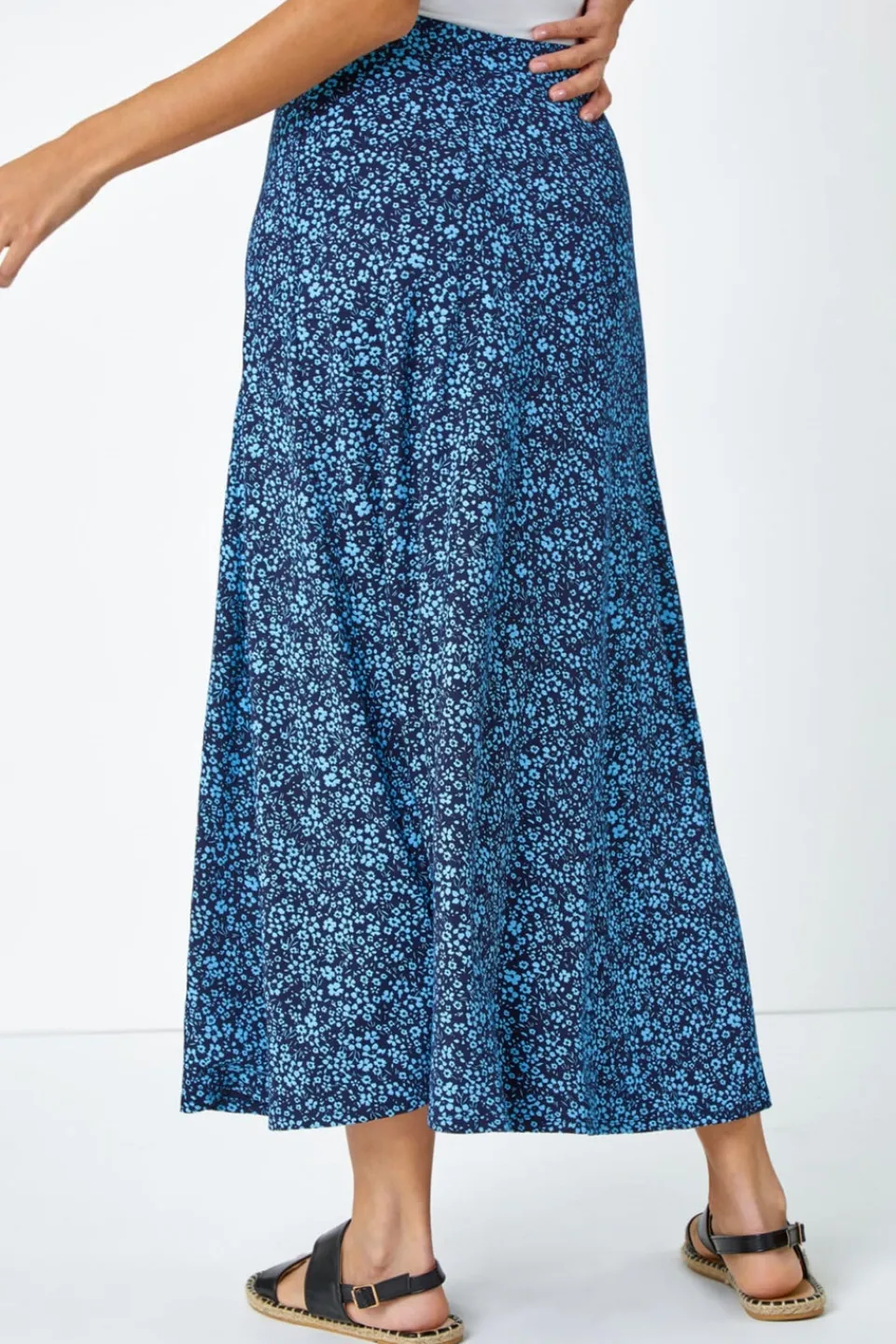 Skirts>Roman Blue Ditsy Floral Elastic Waist A Line Midi Skirt