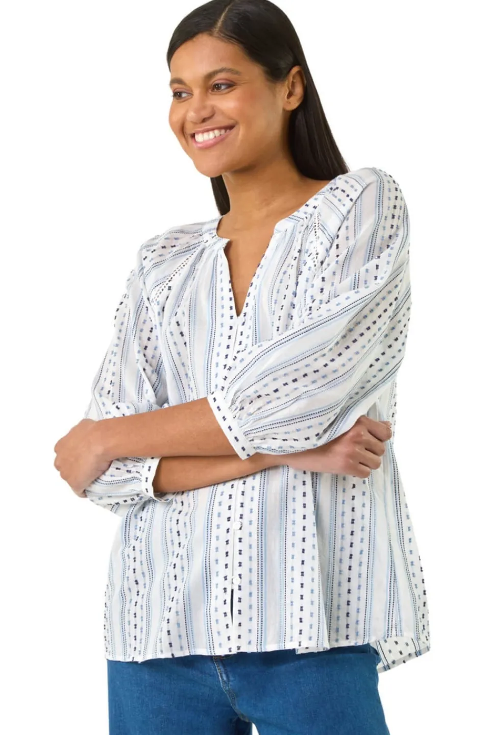 Tops>Roman Blue Dobby Stripe Print V Neck Blouse