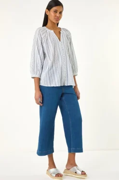 Tops>Roman Blue Dobby Stripe Print V Neck Blouse