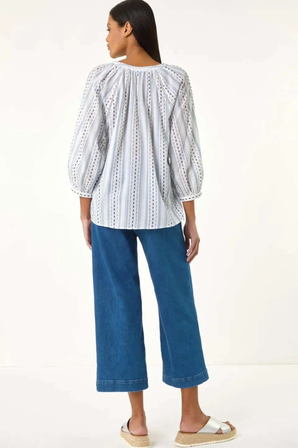 Tops>Roman Blue Dobby Stripe Print V Neck Blouse