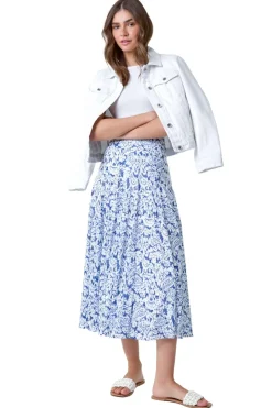 Skirts>Roman Blue Elastic Waist Paisley A Line Midi Skirt
