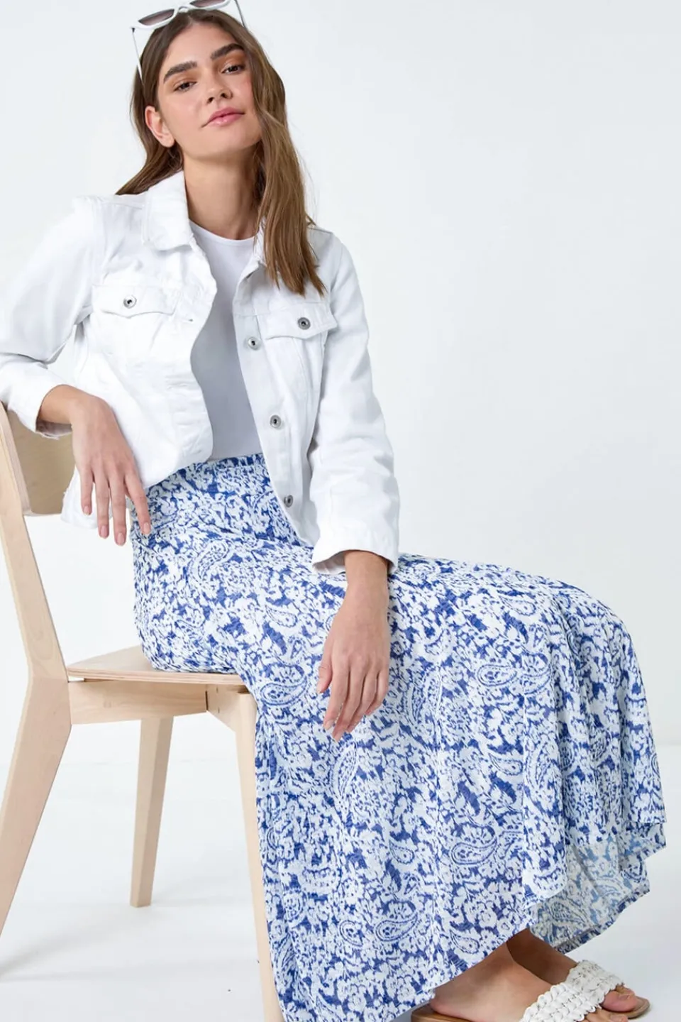 Skirts>Roman Blue Elastic Waist Paisley A Line Midi Skirt