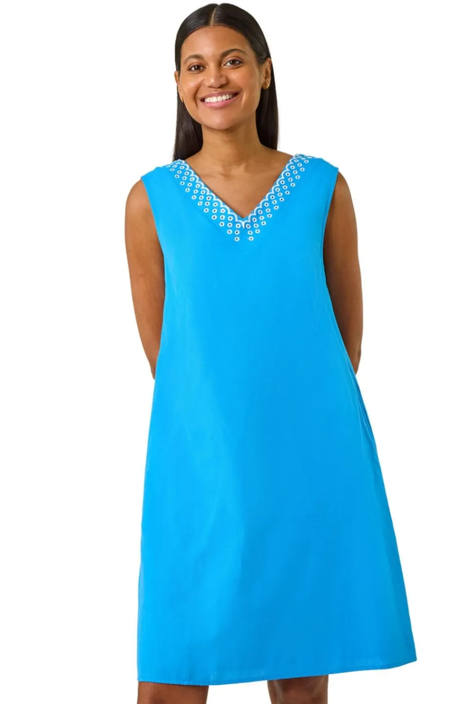 Dresses>Roman Blue Embroidered X Back Short Dress