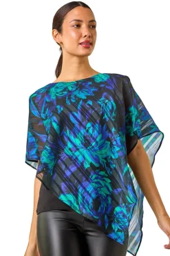 Tops>Roman Blue Floral Asymmetric Overlay Top