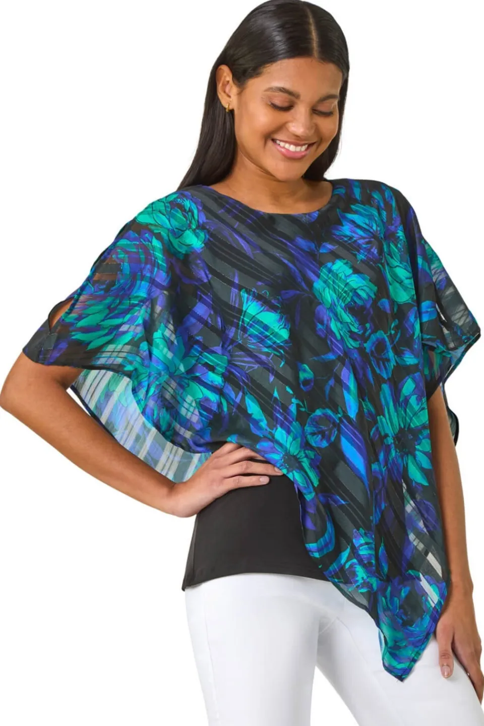 Tops>Roman Blue Floral Asymmetric Overlay Top