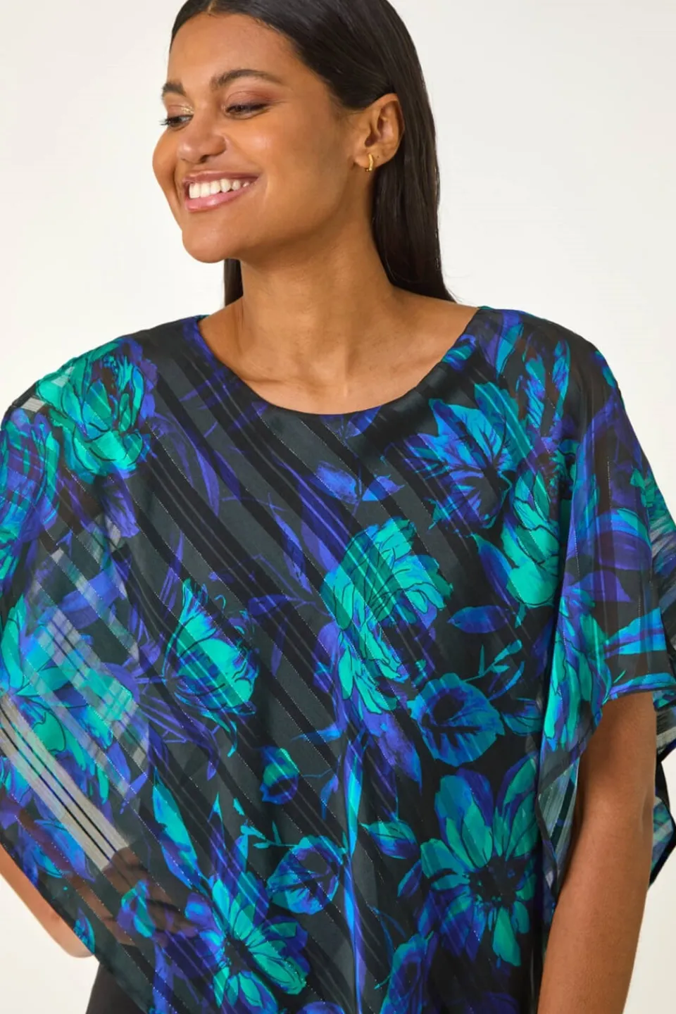 Tops>Roman Blue Floral Asymmetric Overlay Top