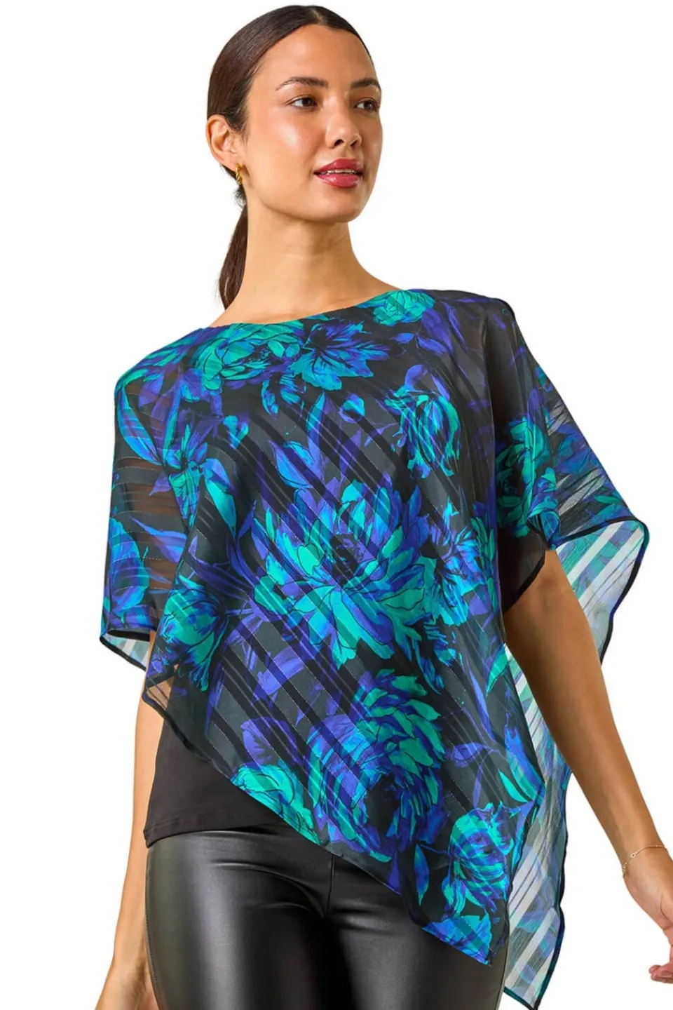 Tops>Roman Blue Floral Asymmetric Overlay Top