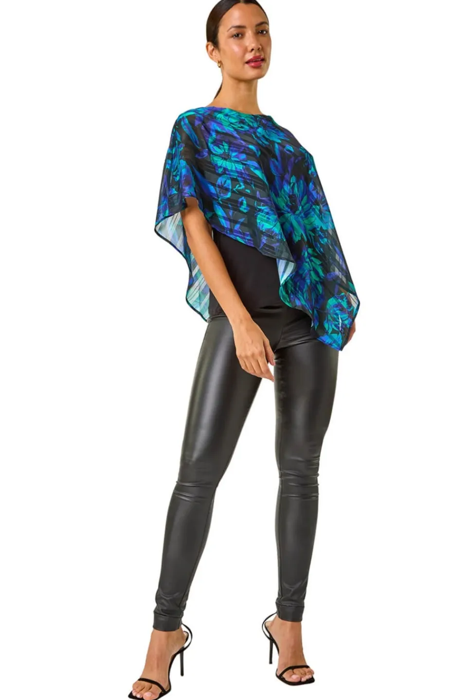 Tops>Roman Blue Floral Asymmetric Overlay Top
