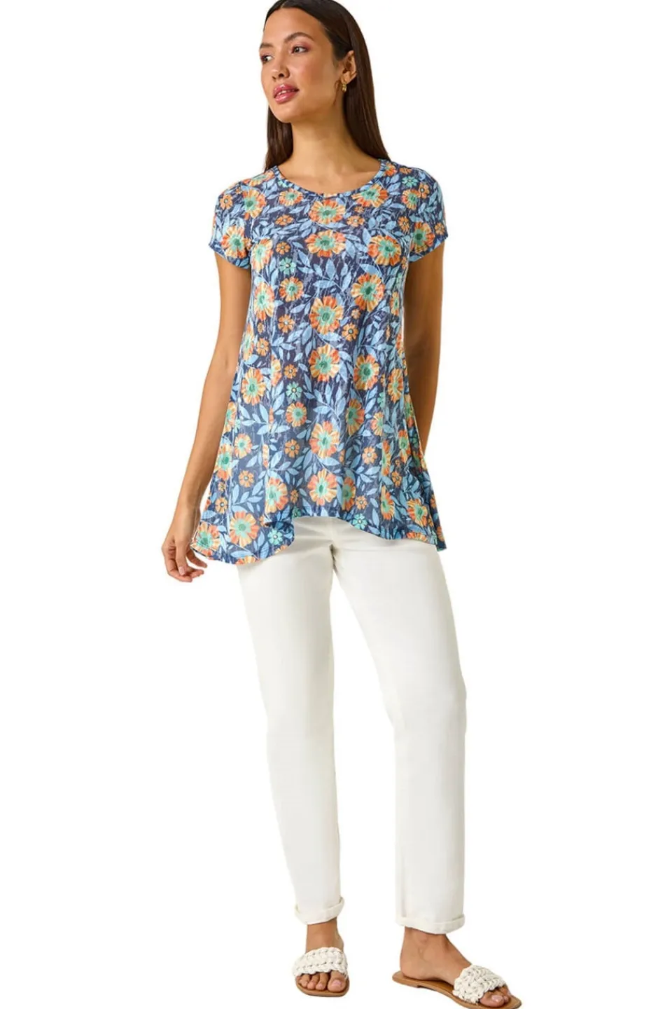 Tops>Roman Blue Floral Burnout Print Tunic Top