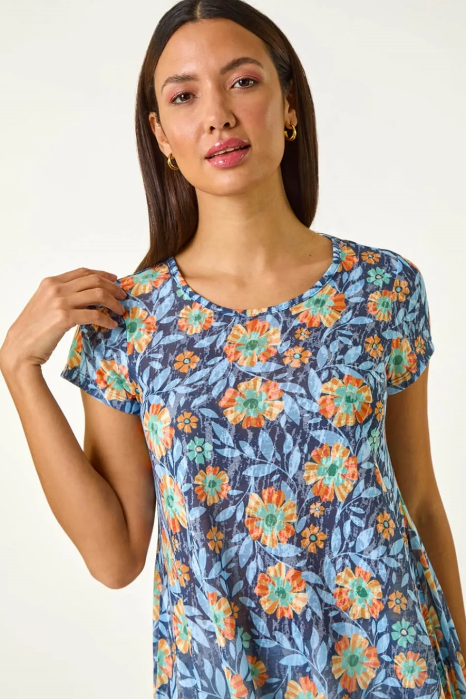 Tops>Roman Blue Floral Burnout Print Tunic Top