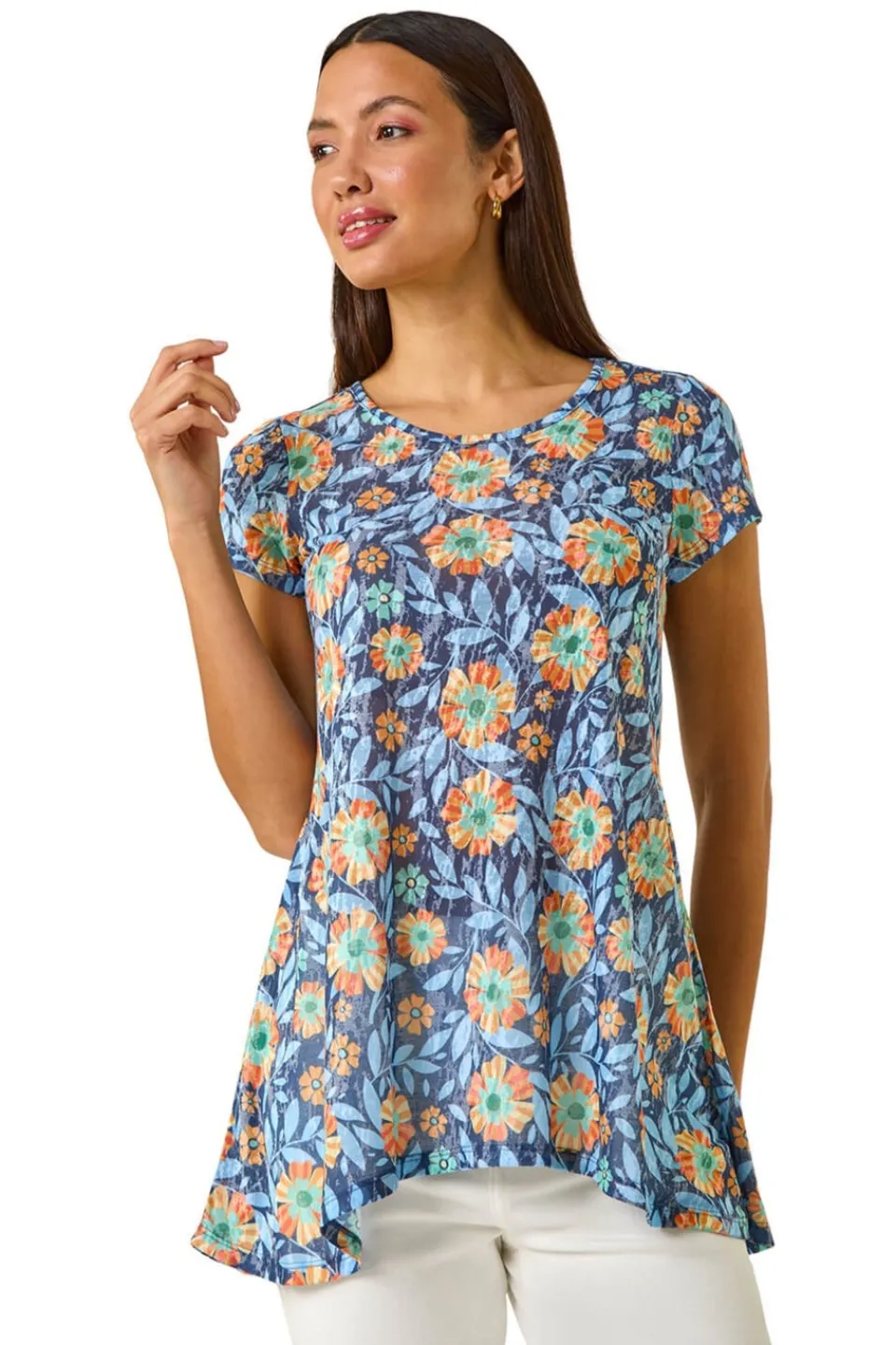 Tops>Roman Blue Floral Burnout Print Tunic Top
