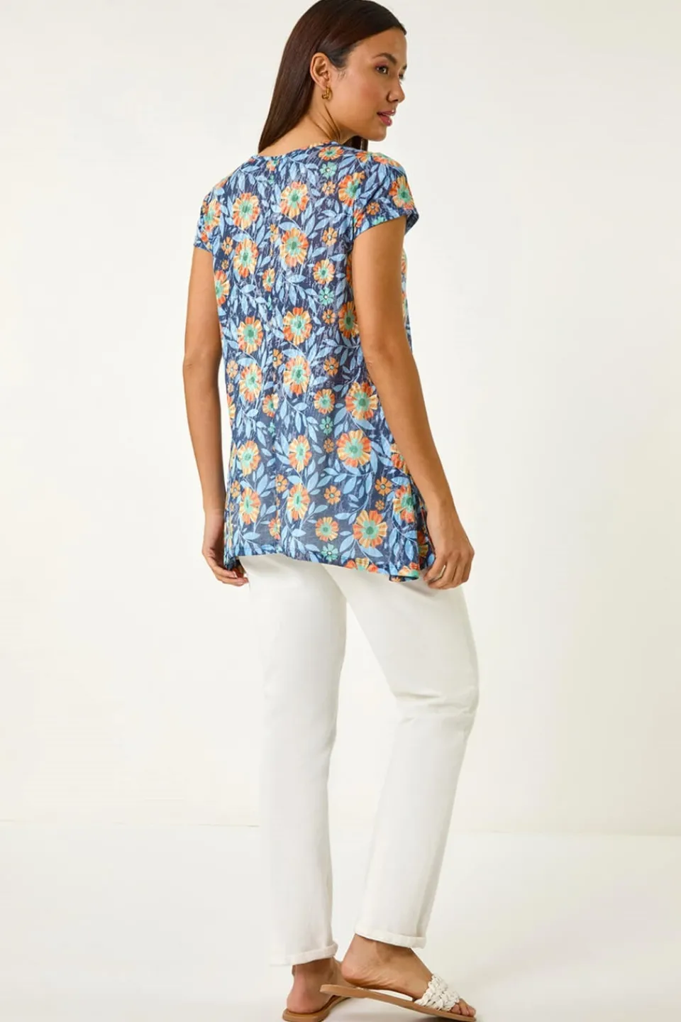 Tops>Roman Blue Floral Burnout Print Tunic Top