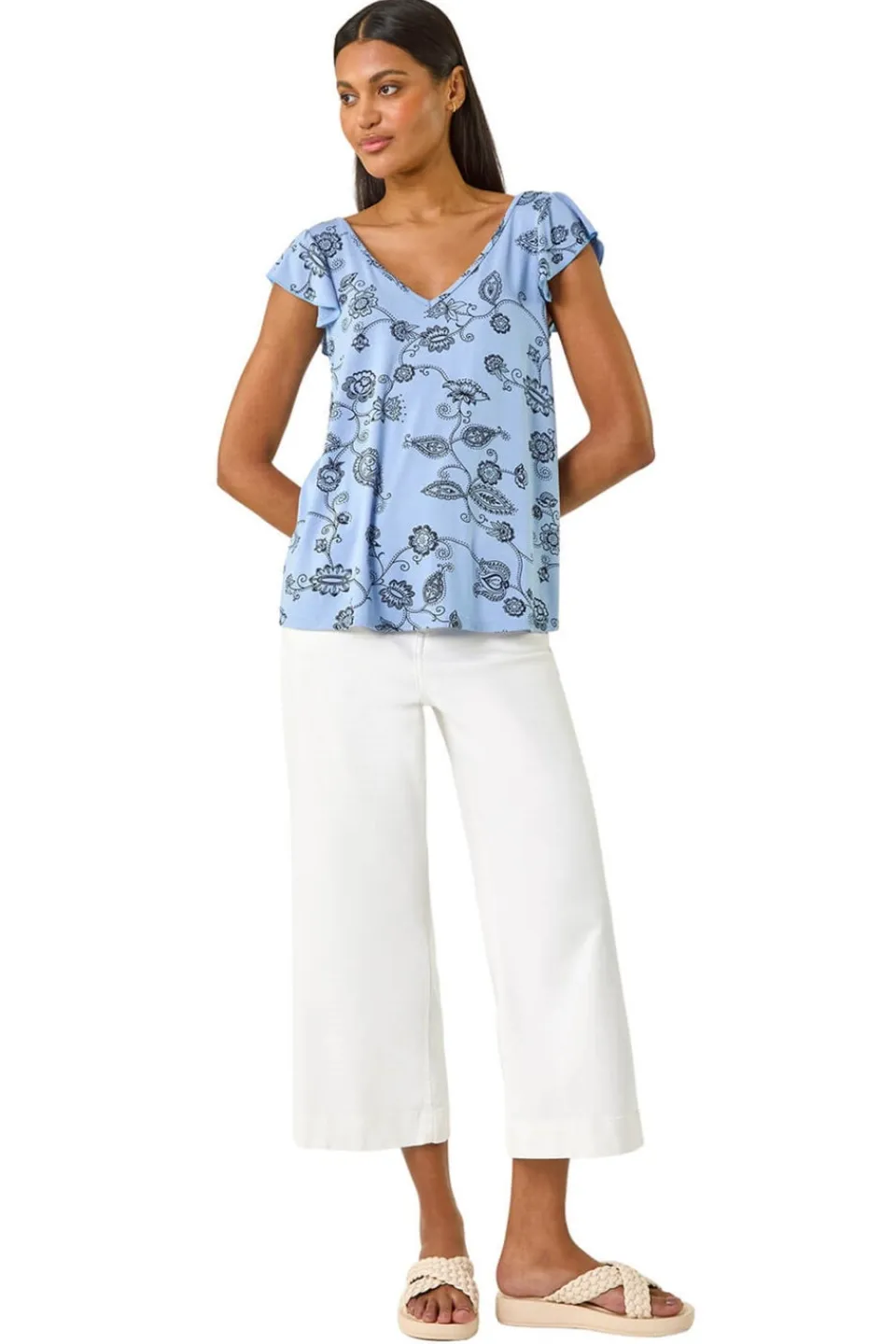 Tops>Roman Blue Floral Frill Shoulder Vest Top