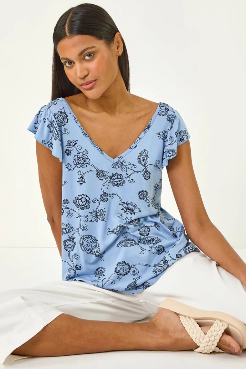 Tops>Roman Blue Floral Frill Shoulder Vest Top