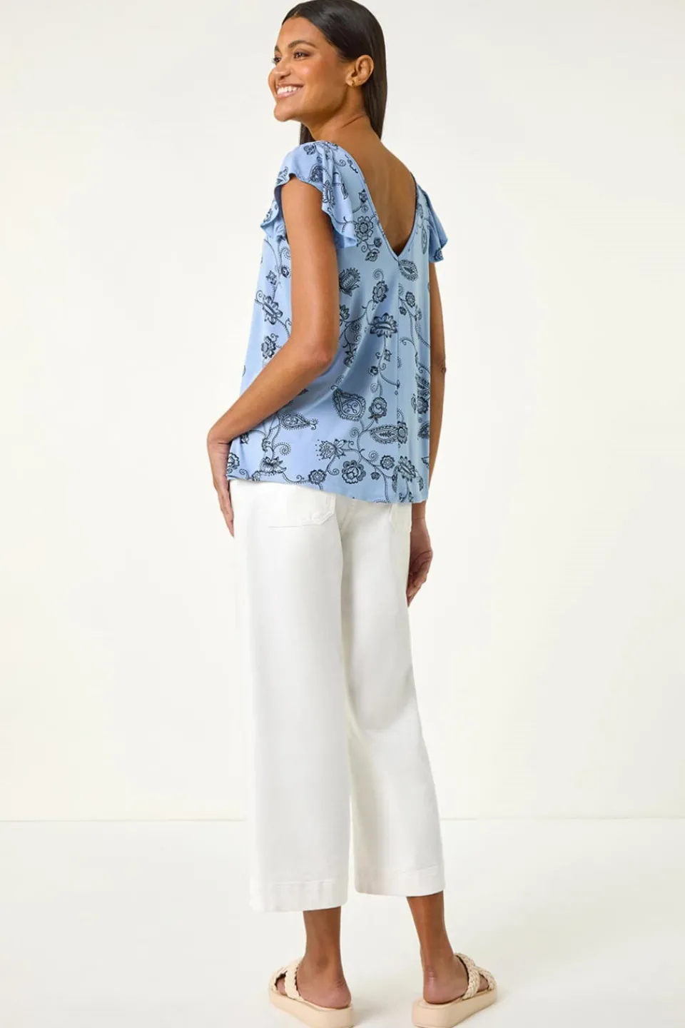 Tops>Roman Blue Floral Frill Shoulder Vest Top
