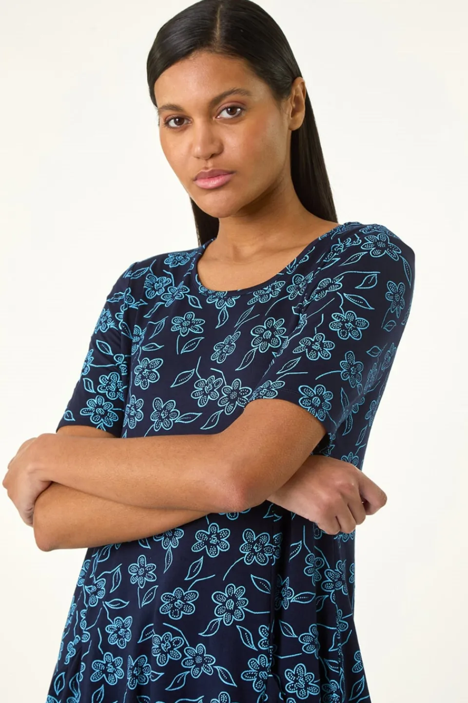Tops>Roman Blue Floral Hanky Hem Pocket Tunic Top
