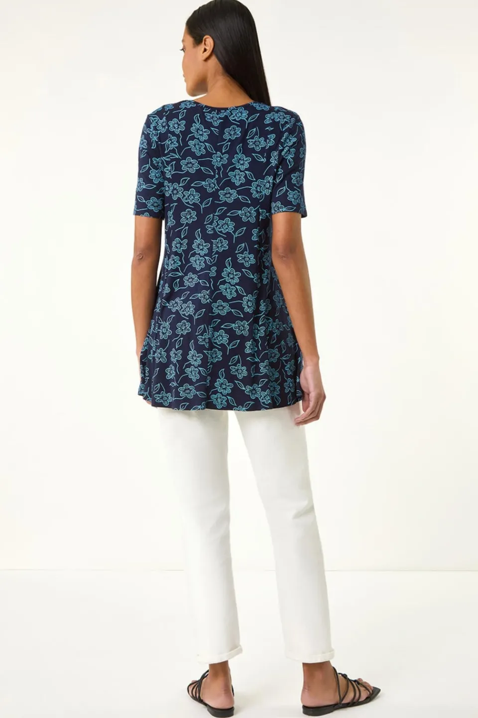 Tops>Roman Blue Floral Hanky Hem Pocket Tunic Top