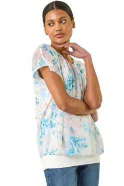 Tops>Roman Blue Floral Print Bubble Hem Top