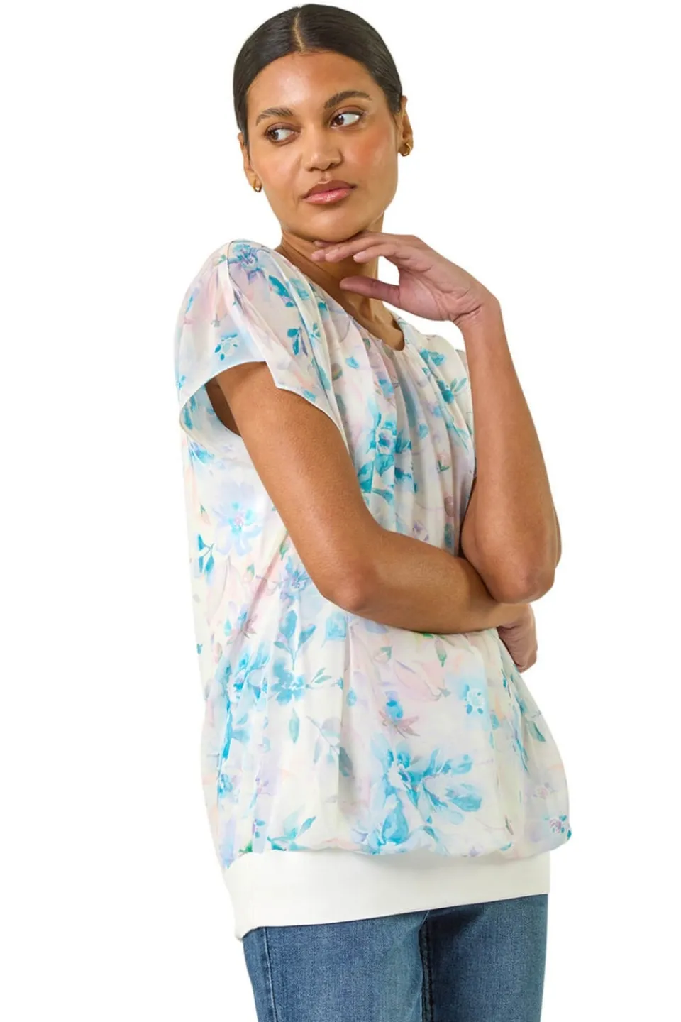 Tops>Roman Blue Floral Print Bubble Hem Top
