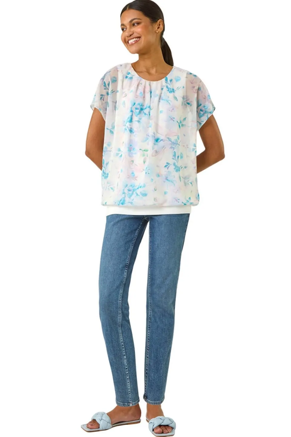 Tops>Roman Blue Floral Print Bubble Hem Top