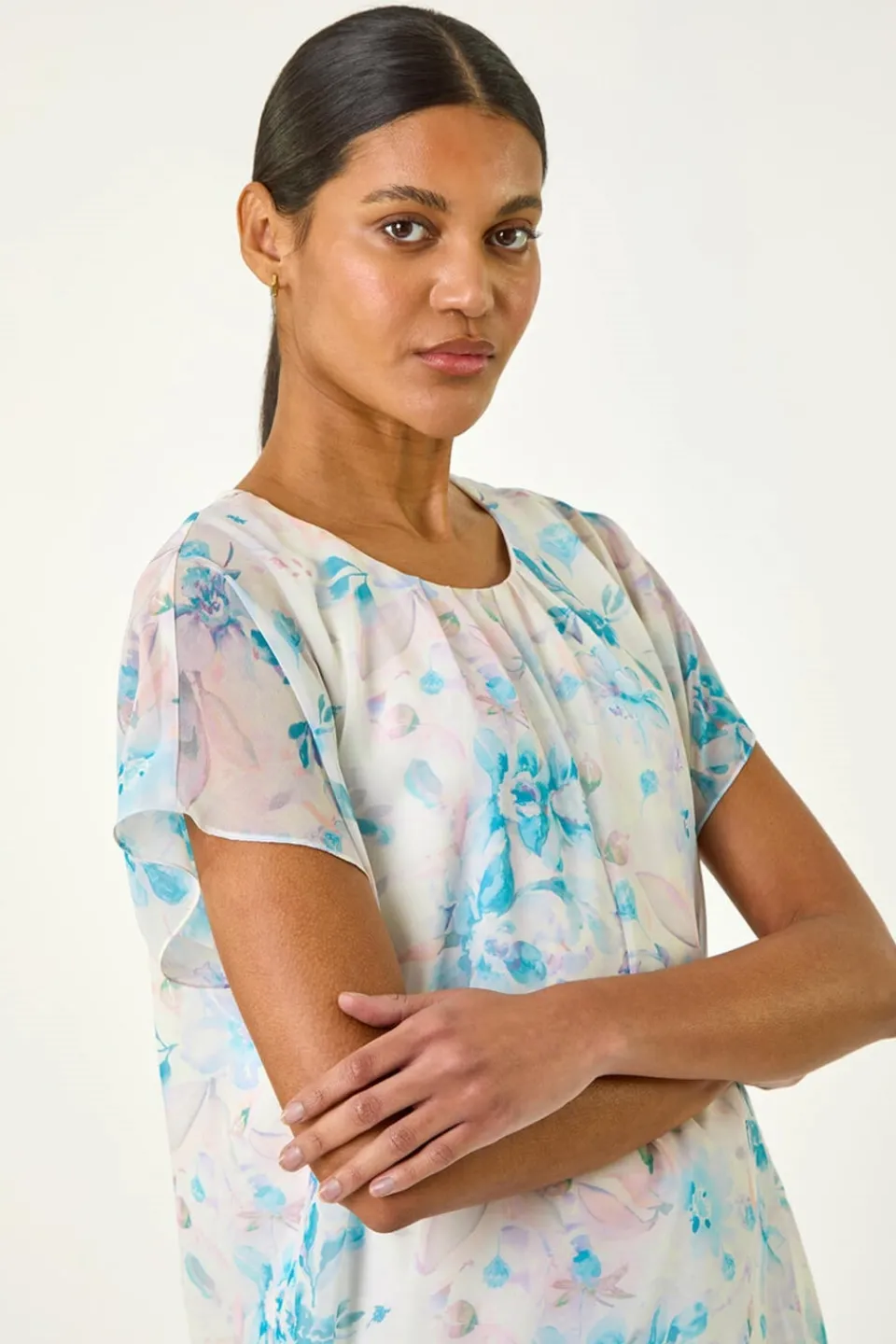 Tops>Roman Blue Floral Print Bubble Hem Top