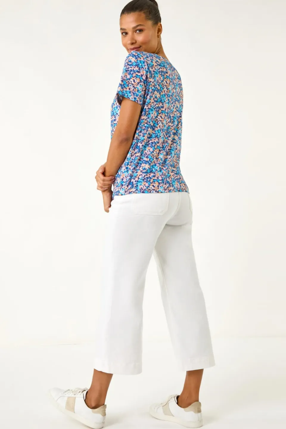 T-Shirts>Roman Blue Floral Print Elasticated Hem Top