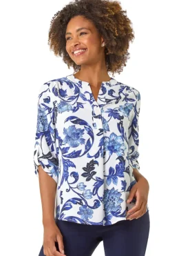 Tops>Roman Blue Floral Print Gathered Blouse