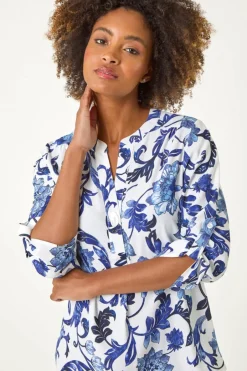 Tops>Roman Blue Floral Print Gathered Blouse