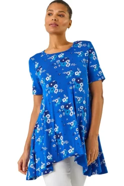 Tops>Roman Blue Floral Print Hanky Hem Tunic Top