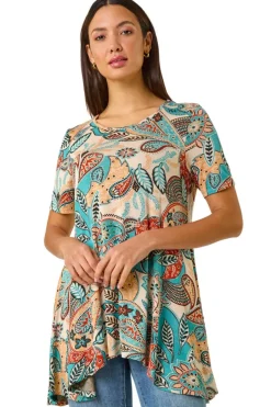 Tops>Roman Blue Floral Print Hanky Hem Tunic Top